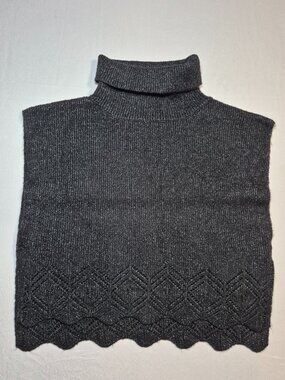 Sasso + Smyth Knit Turtleneck Poncho Black O/S  Side Slit Scalloped Topper Vest